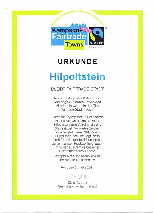 Urkunde Fairtrade-Town Titelerneuerung
